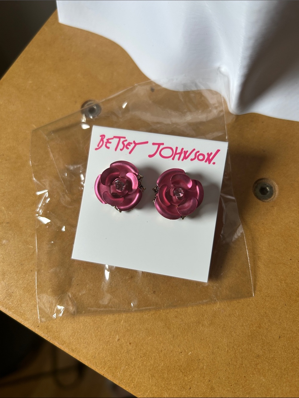 Betsey Johnson Pink Rose Flower Crystal Stud Earrings